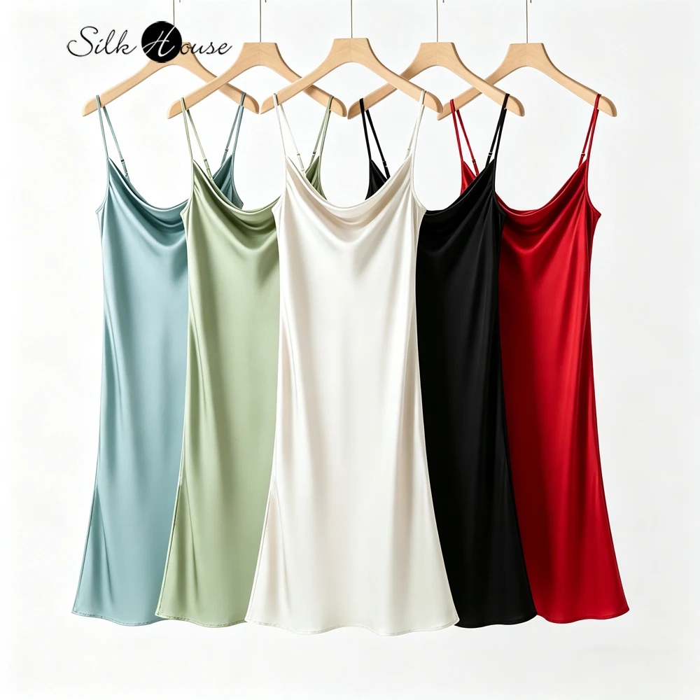 Damen Sommer Neuer Stil Französisches 100% Natürliches Maulbeerseide Einfarbiges Satin Swing-Kragen Elegantes Camisole Figurbetontes Partykleid