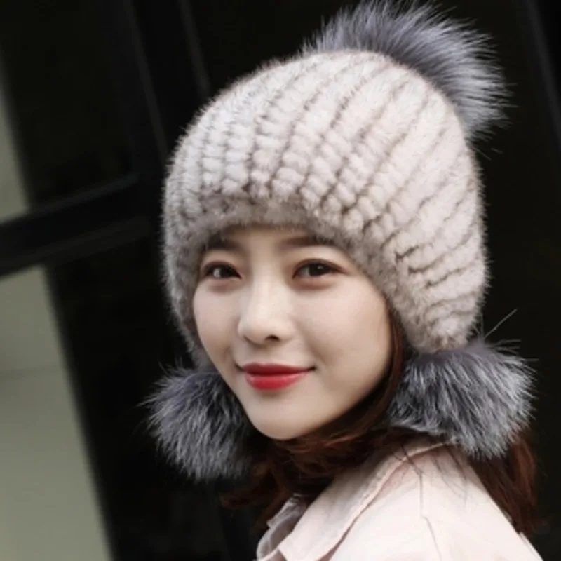 Mink Fur Hat Women Winter Thickened Ear Protection Hat Natural Fur Knitted Caps With Pom Pom Fox Ball Fashion Beanies Fur Hats