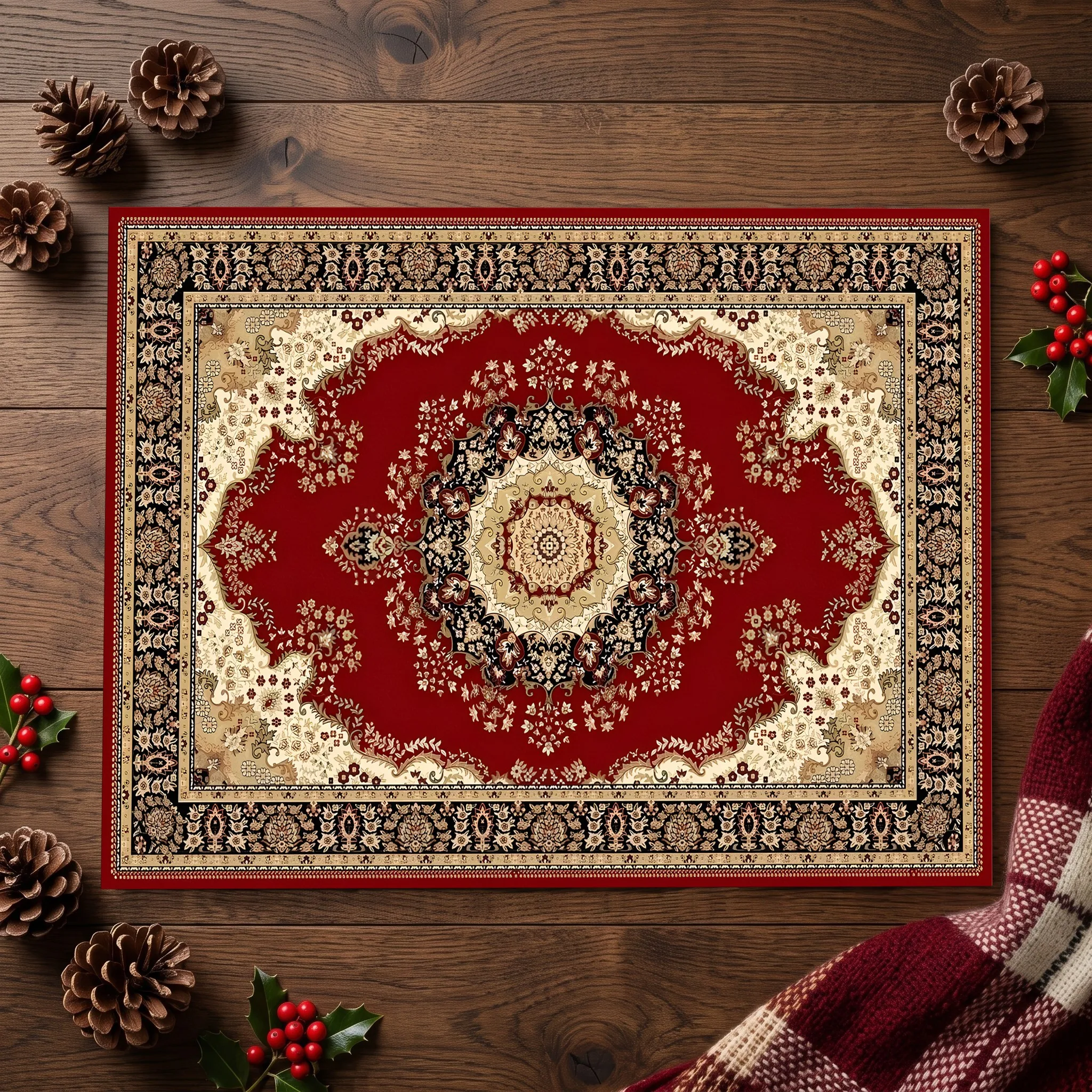 Red Central Floral Vintage Trim Persian Classic Christmas New Year Velvet Rug for Living Room and Bedroom, Warm and Cozy