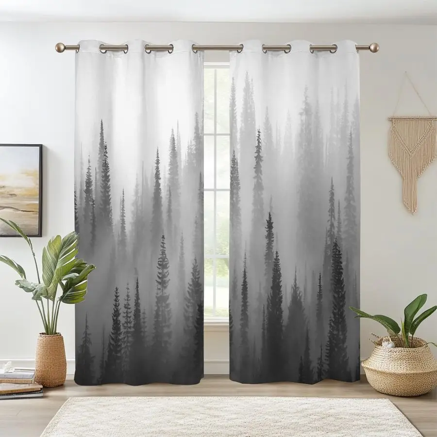 

Серые плотные шторы с туманным лесом, шторы с туманным сосновым лесом для гостиной, горная природа, лесная комната, затемняющее окно C