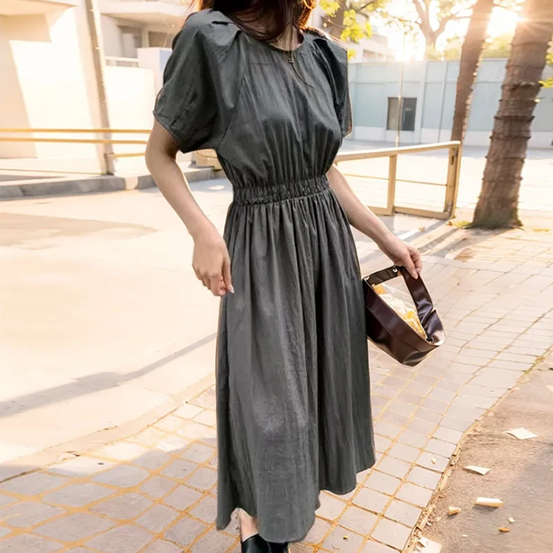 SuperAen Korean Style Dress for Women Summer Pleated Waist Puffed Sleeves Simple A-line Long Dresses