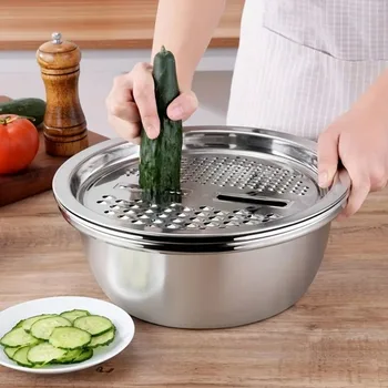3pcs Kitchen Kit with Stainless Steel Multifunctional Mixing Bowl Vegetable Slicer -…