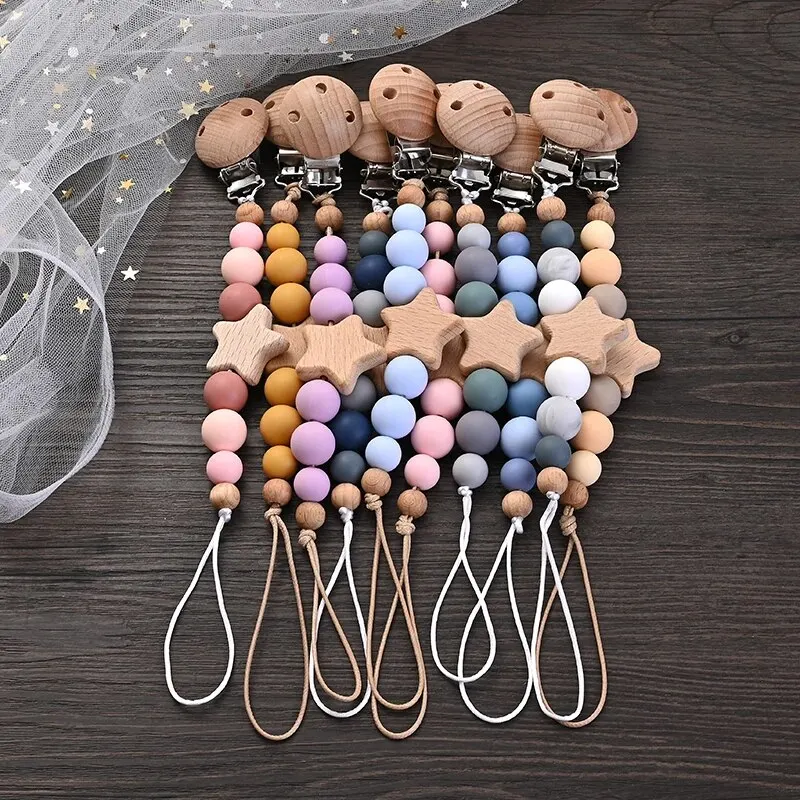 Pacifier clip teething chain — wooden pentagram clip with silicone round beads, teether & baby shower gift 4