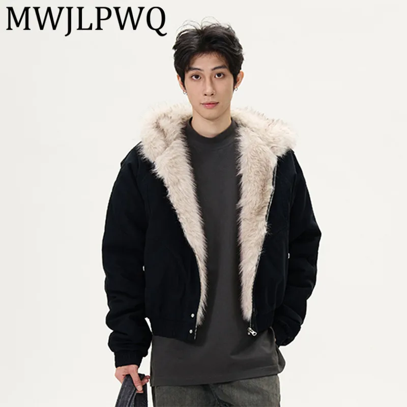 

MWJLPWQ Fur Collar Male Elegant Hooded Padded Spliced Design Long Sleeve High Street Loose Casual Tops 2025 Winter Autumn 11870