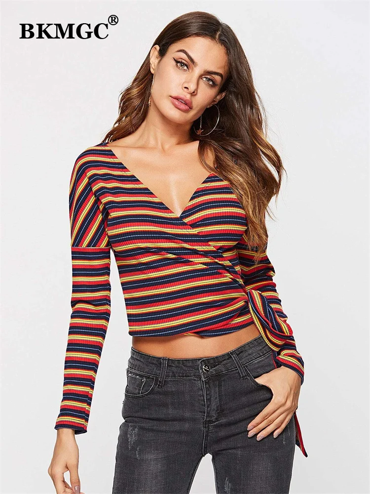 

BKMGC Red Black Yellow Strips Cotton Short T Shirt Side Lace Up Tie Knot V Neck Pullover Autumn Tops For Women Daily Streewear