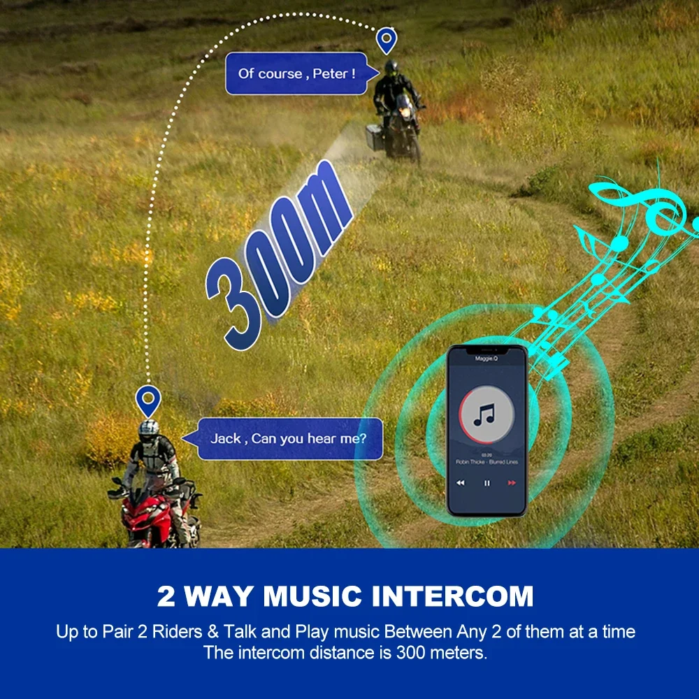Interfono de música para casco de motocicleta, intercomunicador con Bluetooth 5,3, impermeable, 300m, reproducción de música y llamadas simultáneamente, 1/2x