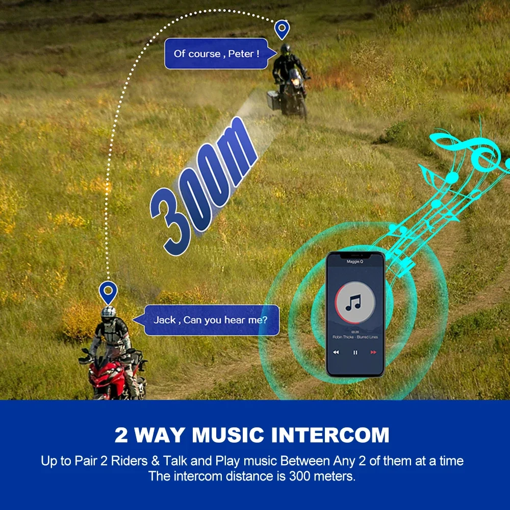 Headset interkom helm sepeda motor, Interphone musik Bluetooth 5.3 tahan air 300m Putar musik dan panggilan secara bersamaan