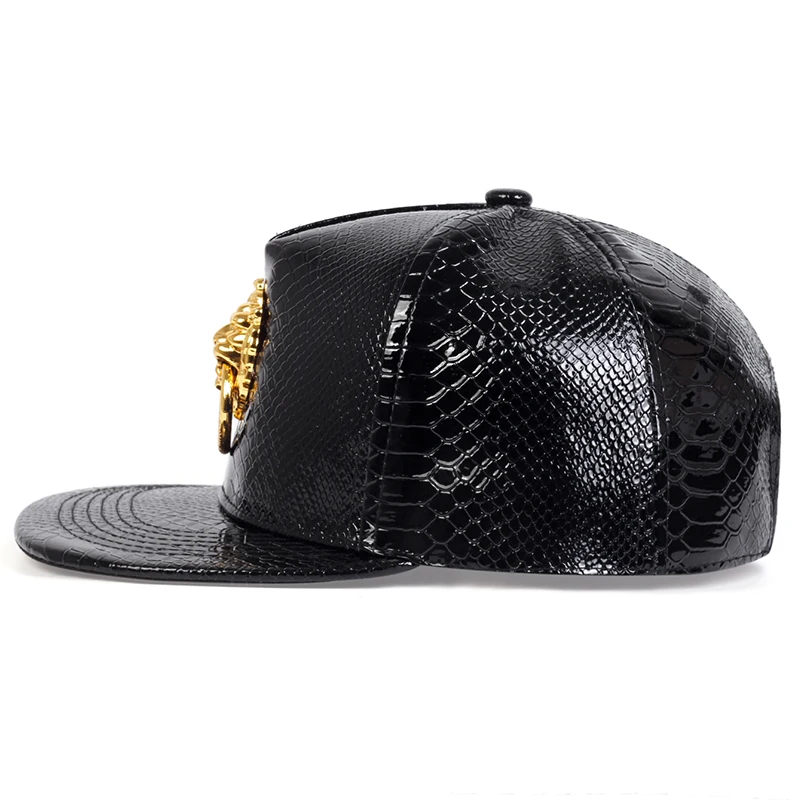 Fashion Snapback Men Flat Baseball Cap Golden Lion Loop Multi Color Figure PU Leather Hip Hop Cap Punk Casual Street Trend Caps