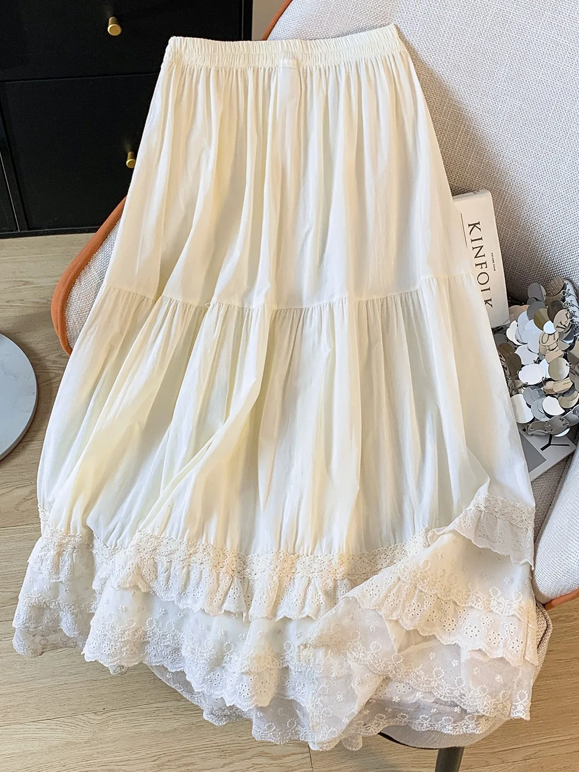 

Retro Floral Lace Splicing Half Skirt Women's Midi Length Cotton Lined Long Skirt Sweet Forest System Commute Style