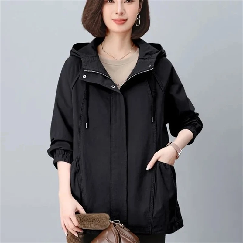 2025ฤดูใบไม้ผลิฤดูใบไม้ร่วงใหม่กลางความยาวTrench Coatsหลวมสบายๆผู้หญิงWindbreakerแขนยาวกระเป๋าHoodedแจ็คเก็ตแนวโน้ม