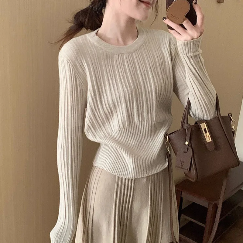 

Вязаный свитер-пуловер женский, новый, с длинным рукавом, облегающий, с круглым вырезом, черный, Q3279