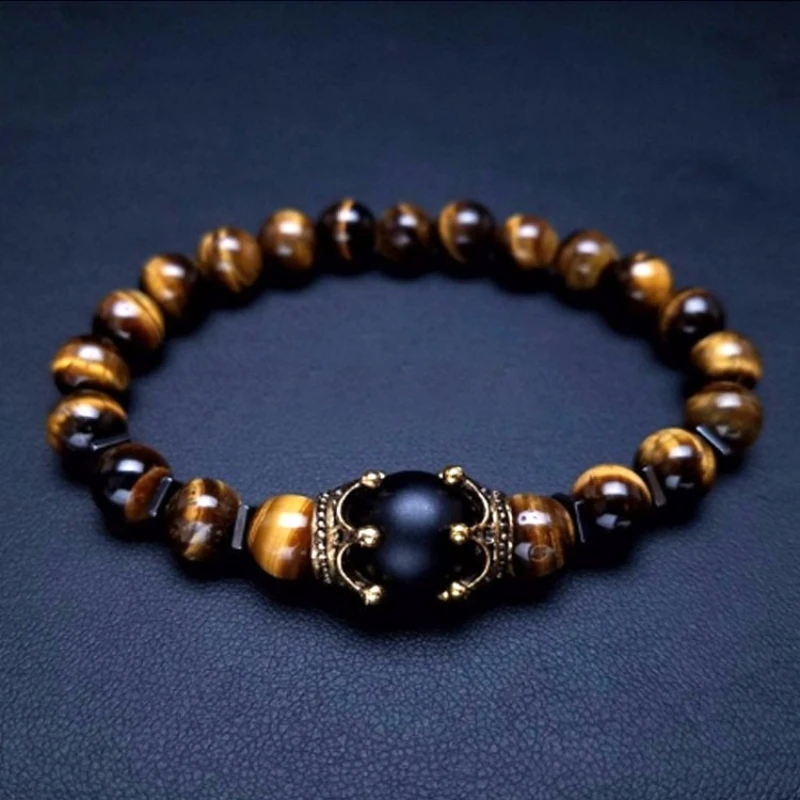 

HNSP Tiger Eye Bead Bracelet For Men Natural Stone Elastic Rope Hand Jewelry Rosary Accessories
