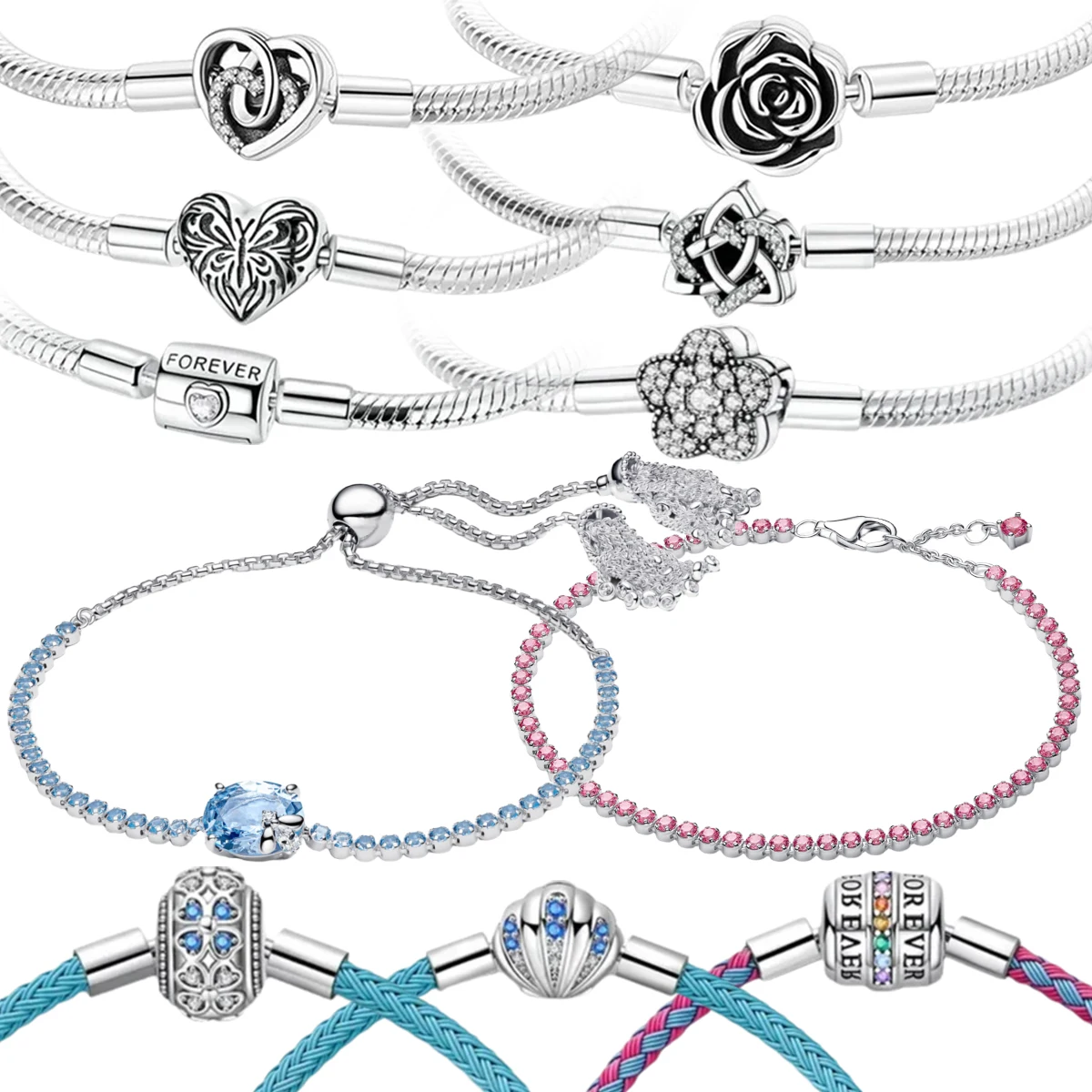 

925 Sterling Silver Snake Chain CZ Charm Gem Weave Beaded Bracelet Anklet Adjustable Rose Heart for Girl DIY Gift Fine Jewelry