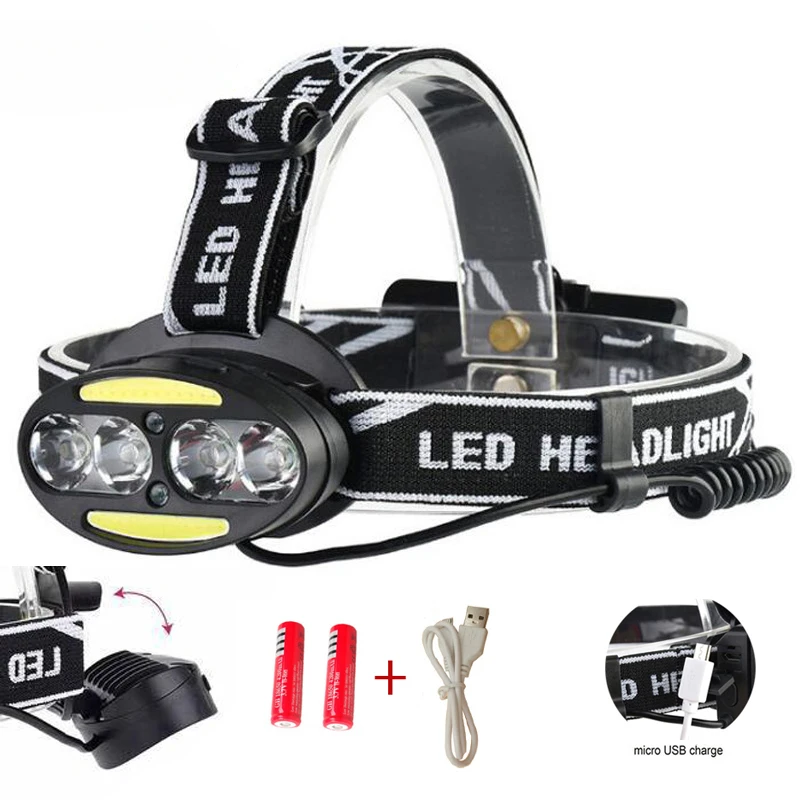 

Headlight 30000 Lumen headlamp 4* XM-L T6 +2*COB+2*Red LED Head Lamp Flashlight Torch Lanterna with batteries charger