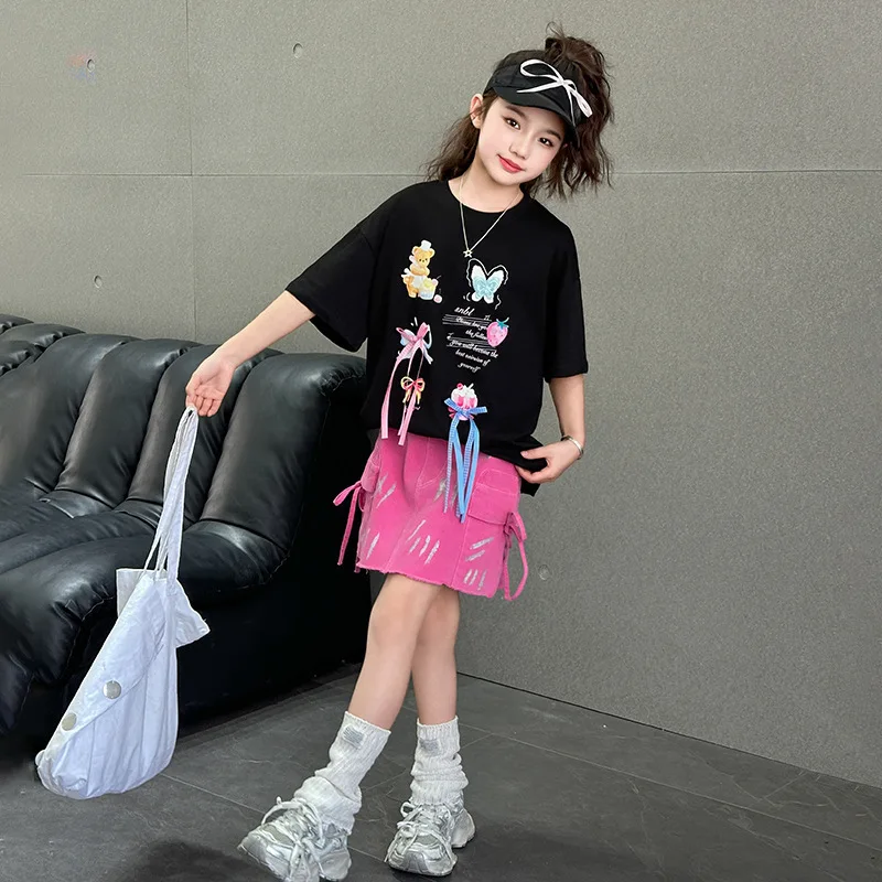 الفتيات الصيف المطبوعة قصيرة الأكمام مجموعة تي شيرت في سن المراهقة كعكة تنورة للأعمار 7-14 قطعتين مجموعة الأطفال مجموعة #3