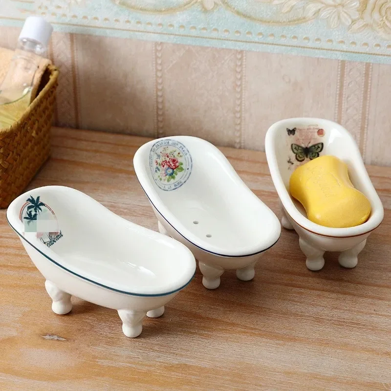 

1 pc Ceramics White Soap Dish European Style Bathtub Shape Soap Rack Storage Container Supplies Home Bathroom Accessories