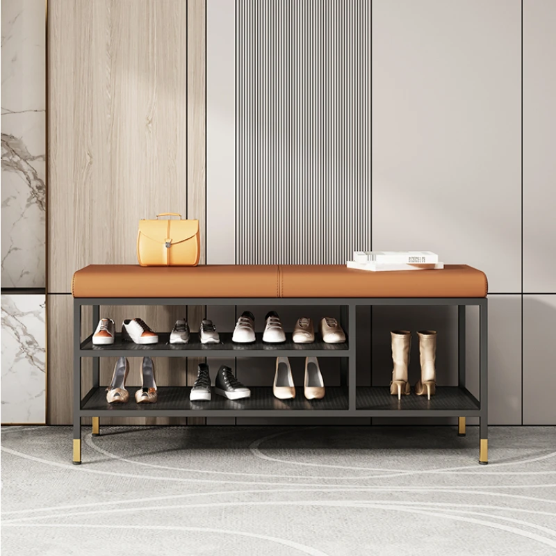 Entrance hall metal Shoe rack Storage Leather narrow bench organizer shoe shelf with seat open cabinets space saving Furniture