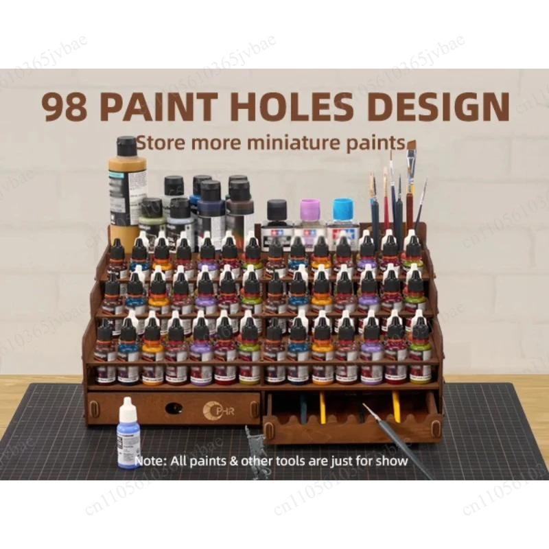 

Wood Paint Storage Box, 98 Holes for Paint Storage, 24 Slots for Brushes with Drawers