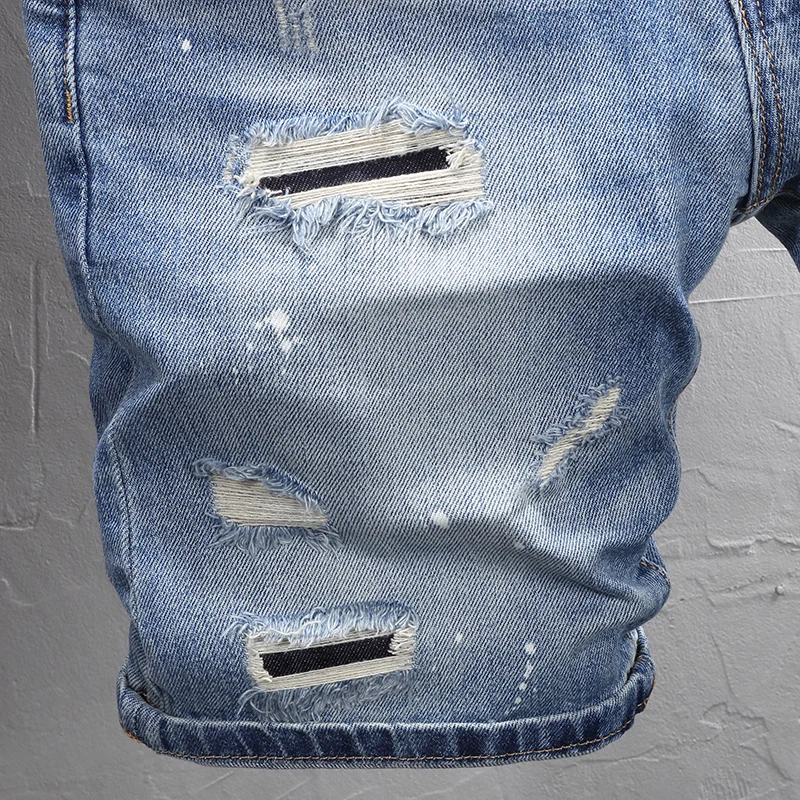 y2k fashion new denim shorts scratch washed nostalgic stretch slim fit retro light blue embroidered jeans high street hip-h