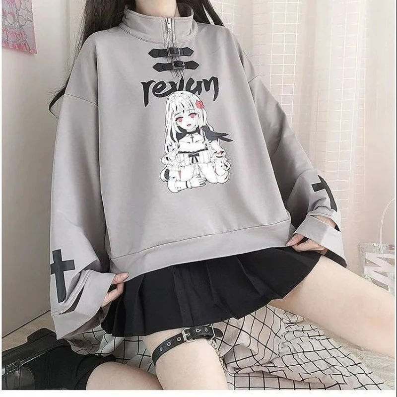 Conjunto de 2 Piezas con Estampado de Anime Gótico Harajuku, Decoración Cruzada, Manga Larga con Aberturas, Falda Mini Plisada de Cintura Alta para Mujer, Uso Diario