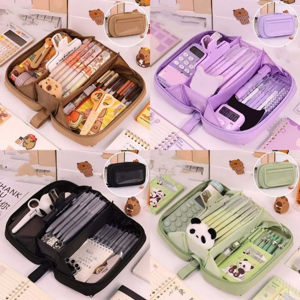 Fashion 5 Layers Pencil Bag Large Capacity Solid Makeup Storage Bag Canvas Stationery Pen Pouch Kids Gift