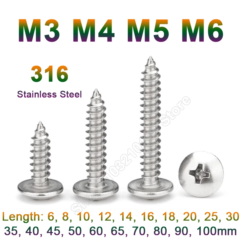 10-50pc Phillips Recessed Truss Head Self-tapping Screw M3 M4 M5 M6 316Stainless Steel Cross Mushroom Head Wood Screws L 6-100mm