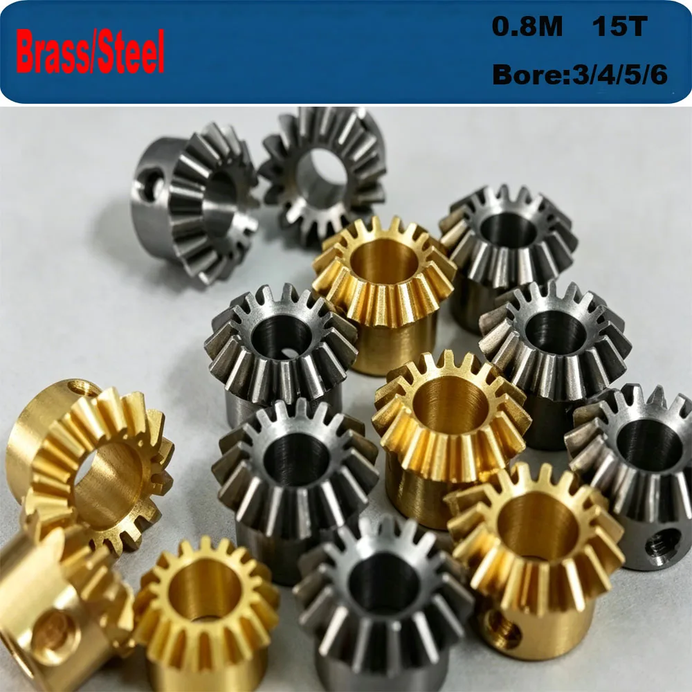 2PCS 1:1 Brass Bevel Gear 0.8M 15T Bore 3-6.35mm with M3 Grub Screw