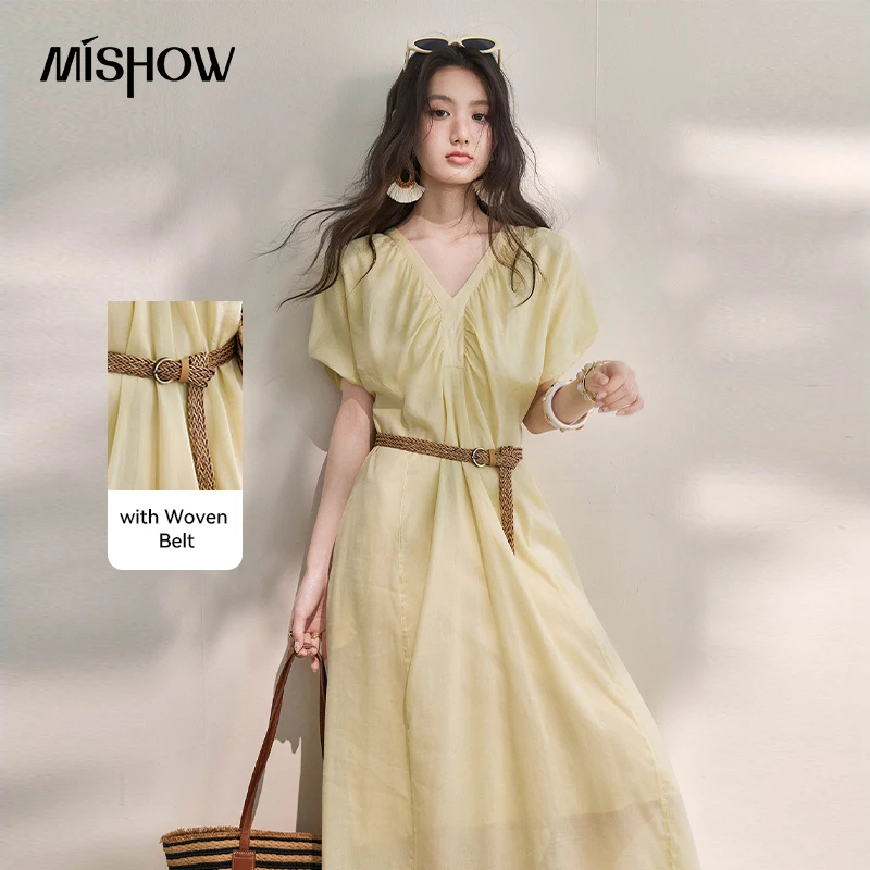 MISHOW Casual Yellow Pleated A-Line Dress For Women 2026 Summer New Solid Color V-Neck Commuting Minimalist Dress MXF29L2727