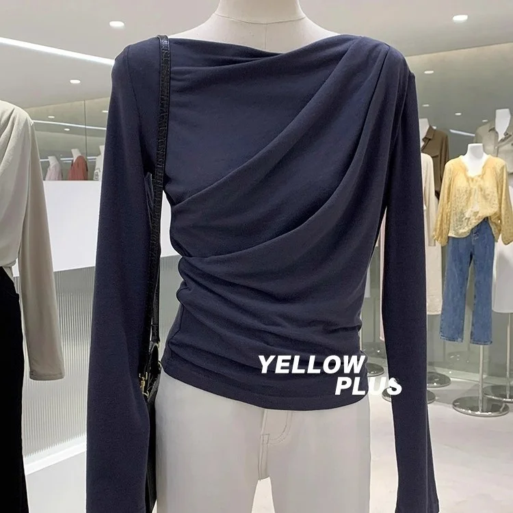 Slimming Pleated Long Sleeve T-Shirt Women's Korean Style Commute Fashion plus Size One Shoulder Design Pure Color Top
