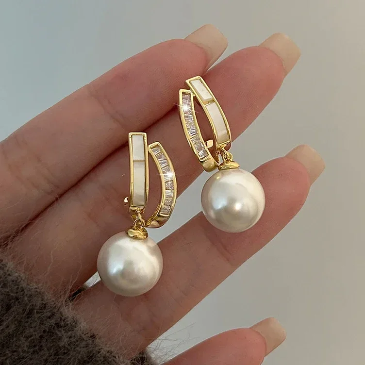 

Real 925 Sterling Silver 18K Gold Zircon Pearl Geometric Stud Earrings for Women Minimalist Trendy Fine Jewelry Accessories