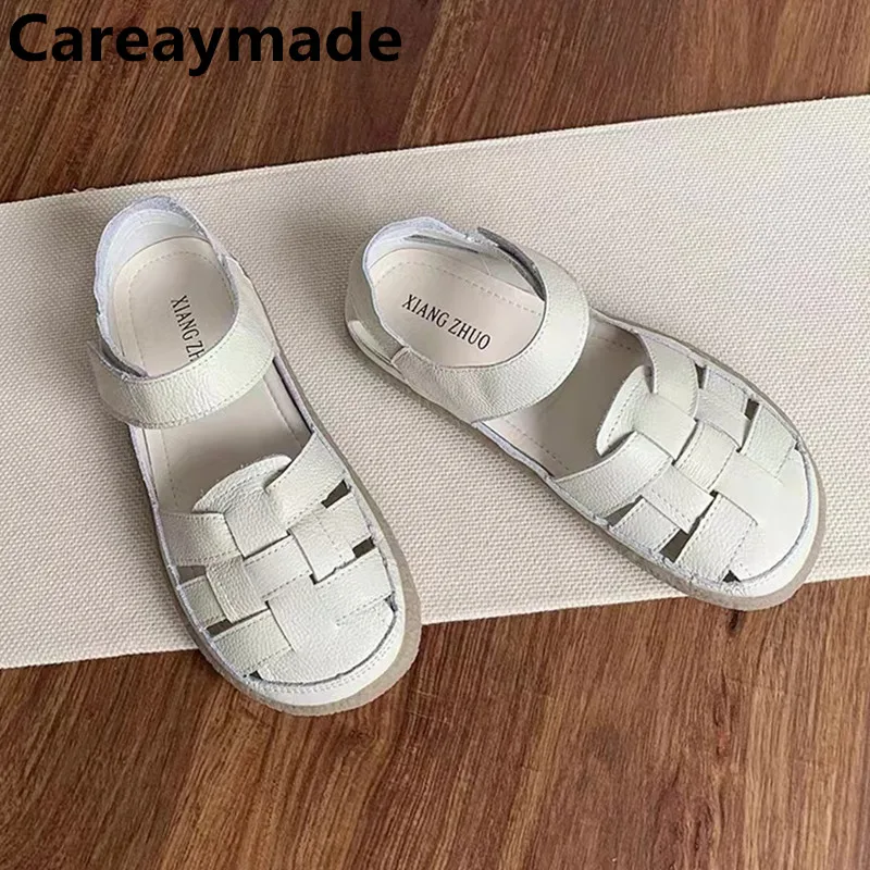 

Careaymade-Genuine leather soft surfaces Little White Shoes Summer Flat Bottom Buckle Hollow Roman Soft Sole comfortable Sandals