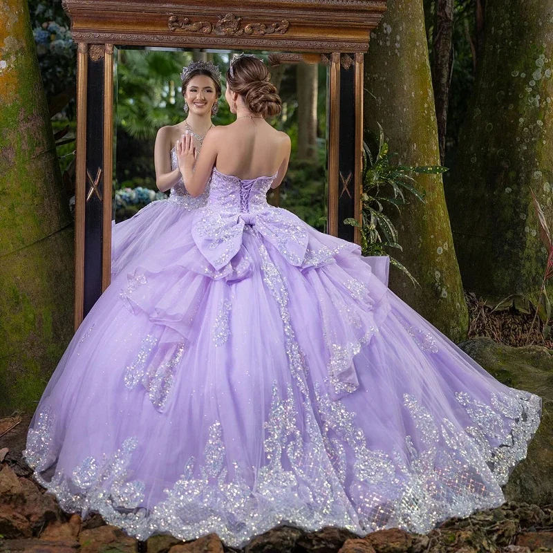 

Lavender Shiny Quinceanera Dresses Lace Appliques Beading Tired Off the Shoulder Princess Ball Gown Custom Made For Sweet 16