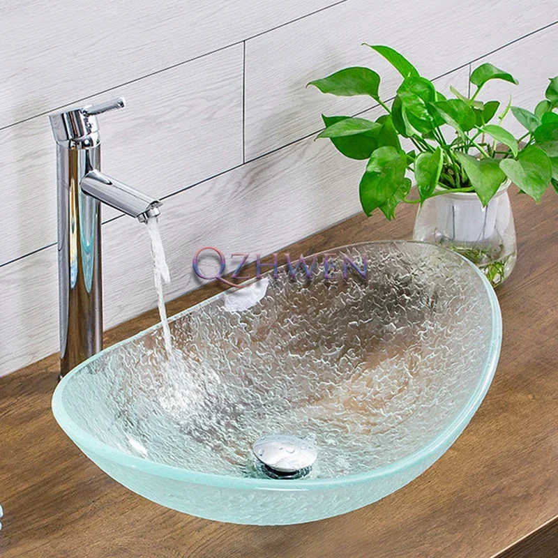 Transparent Matte Crystal Glass Sink Oval Bathroom Washbasin Countertop Art Basin Balcony Hand Wash Pool with Tap 540*360*160mm