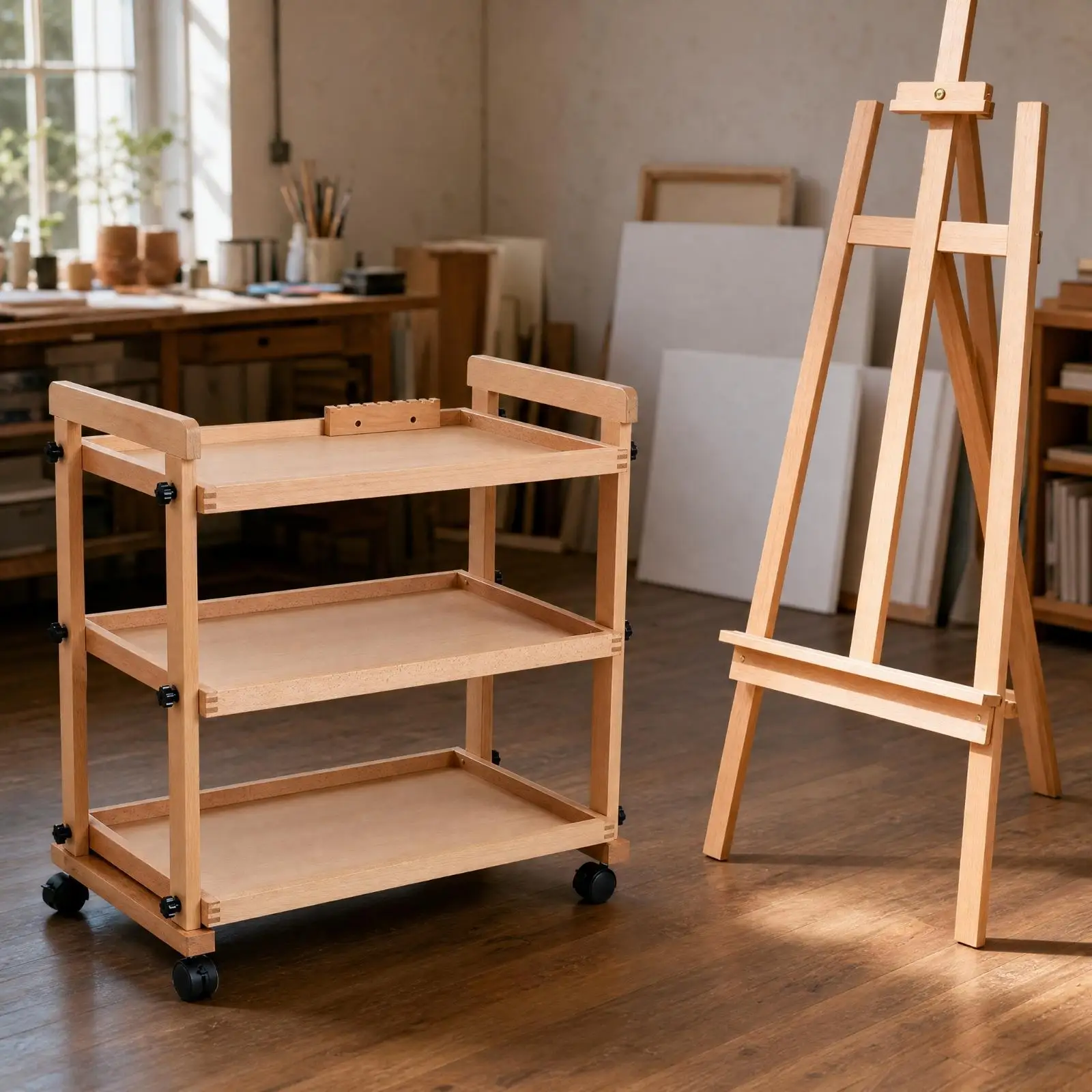 Three Tier Beech Wood Art Cart with Adjustable Display Easel Rolling Supply Storage for Creative Spaces Home Studio
