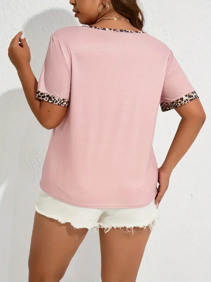 Plus Size Women's Summer New Product Casual Short Sleeve Contrast Leopard Pattern Edge T-shirt Casual Fashion T-shirt