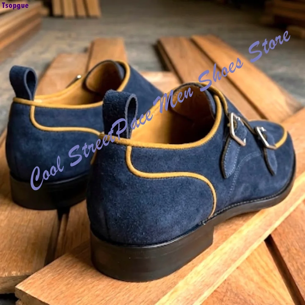 Men Navy Blue Faux Suede Double Monk Strap Shoes Round Toe Contrast Color Formal Business Casual Dress Shoes Men Office Loafers