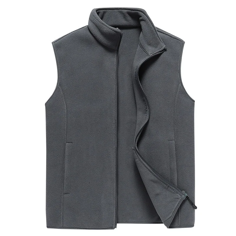 Men Fleece Vest Sleeveless Jacket Stand Collar Full Zip Warm Waistcoat, Solid Color Lightweight Outerwear Gilet for Outdoor