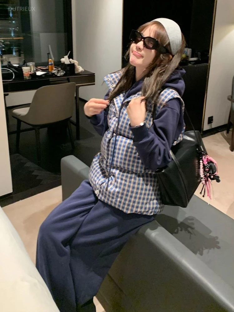 Korean Chic Hippop Streetwear Casual 3 Piece Sets Palid Vest +navy Blue Hooded Hoodies Loose Trousers Autumn Winter Women Suit