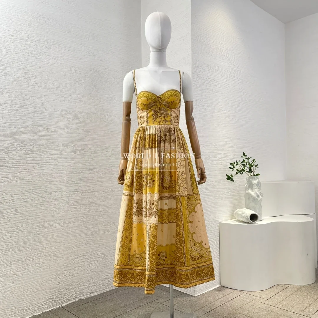 

Summer 2025 New Golden Yellow Floral Print Sleeveless Pleat Hem Backless Midi Dress for Holiday