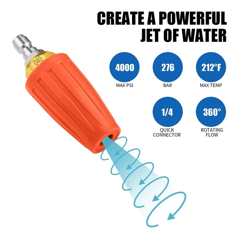 

T02C!Turbo Nozzle Pressure Washer 4000 PSI Max Rotating Pressure Washer Nozzle With 1/4 Inch Connect Pressure Washer Tips