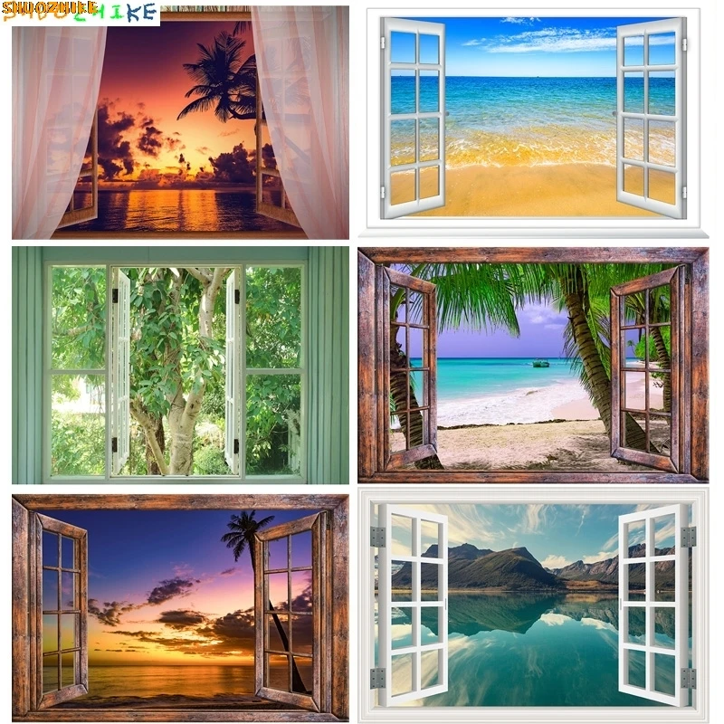 

Wall Poster Open Window Sea Sunset Photography Backdrops Living Room Decoration Banner Beach Landscape Photo Studio Background