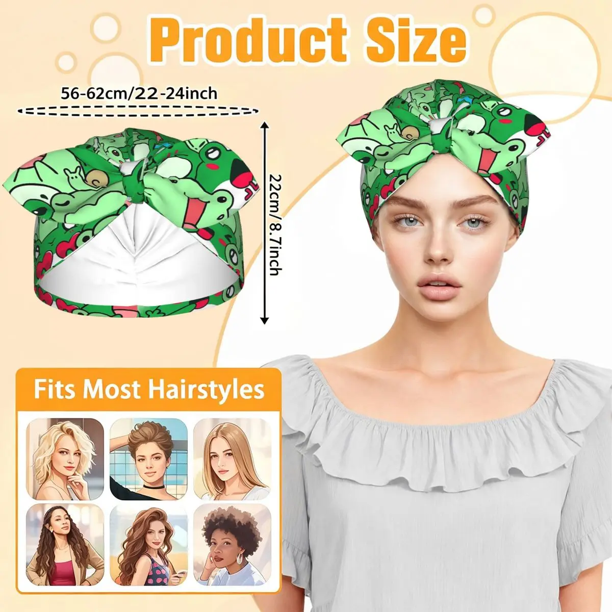 Crowded Cute Frog Pattern Sleep Bonnet Double Layer with Adjustable Bow, Reversible Hair Cap for Curly Braids Hair