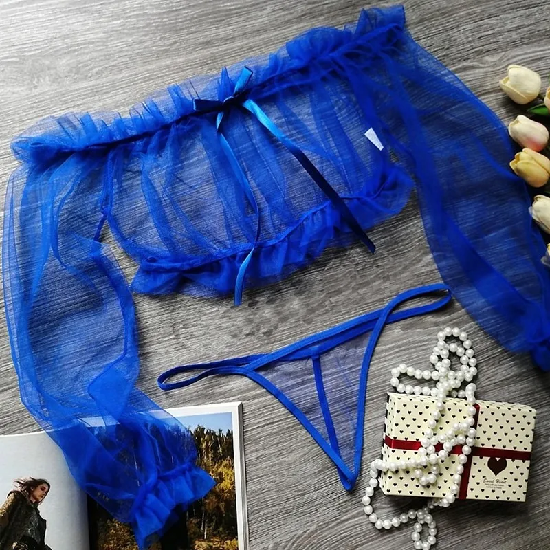 Seksi transparan iç çamaşırı seti Babydoll Sevgililer Kıyafeti Kadın Dantel İç Sıcak Tanga Sütyen Erotik Kapalı Omuz Üst