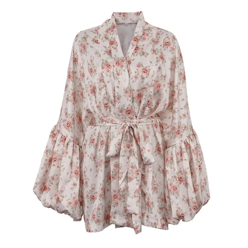 

Floral Printed Satin Loose Mini Dress Women V-neck Puff Sleeve Lace-up A-line Vestidos Summer Elegant Fashion Vintage Dresses