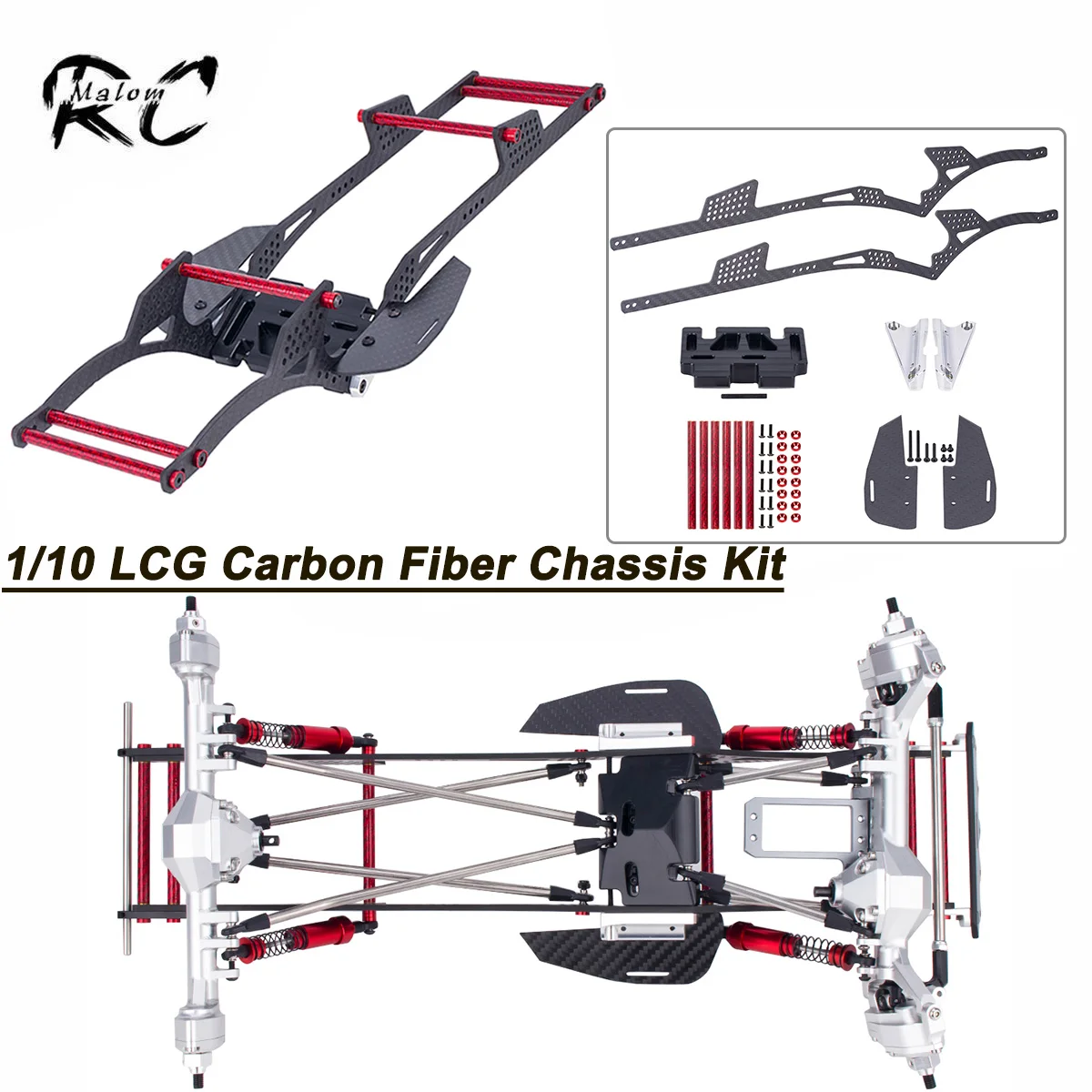 High-Performance Carbon LCG Chassis Kit for 1/10 Crawler – w/ Brace, Rock Sliders & Delrin Skid Plate, SCX10 Capra Comp Upgrade