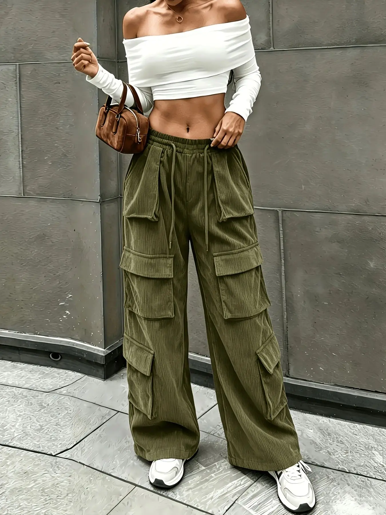 Casual Women Corduroy Cargo Pants Multi Flap Pockets Wide Leg Trousers Elastic Drawstring High Waist Loose Streetwear Pants