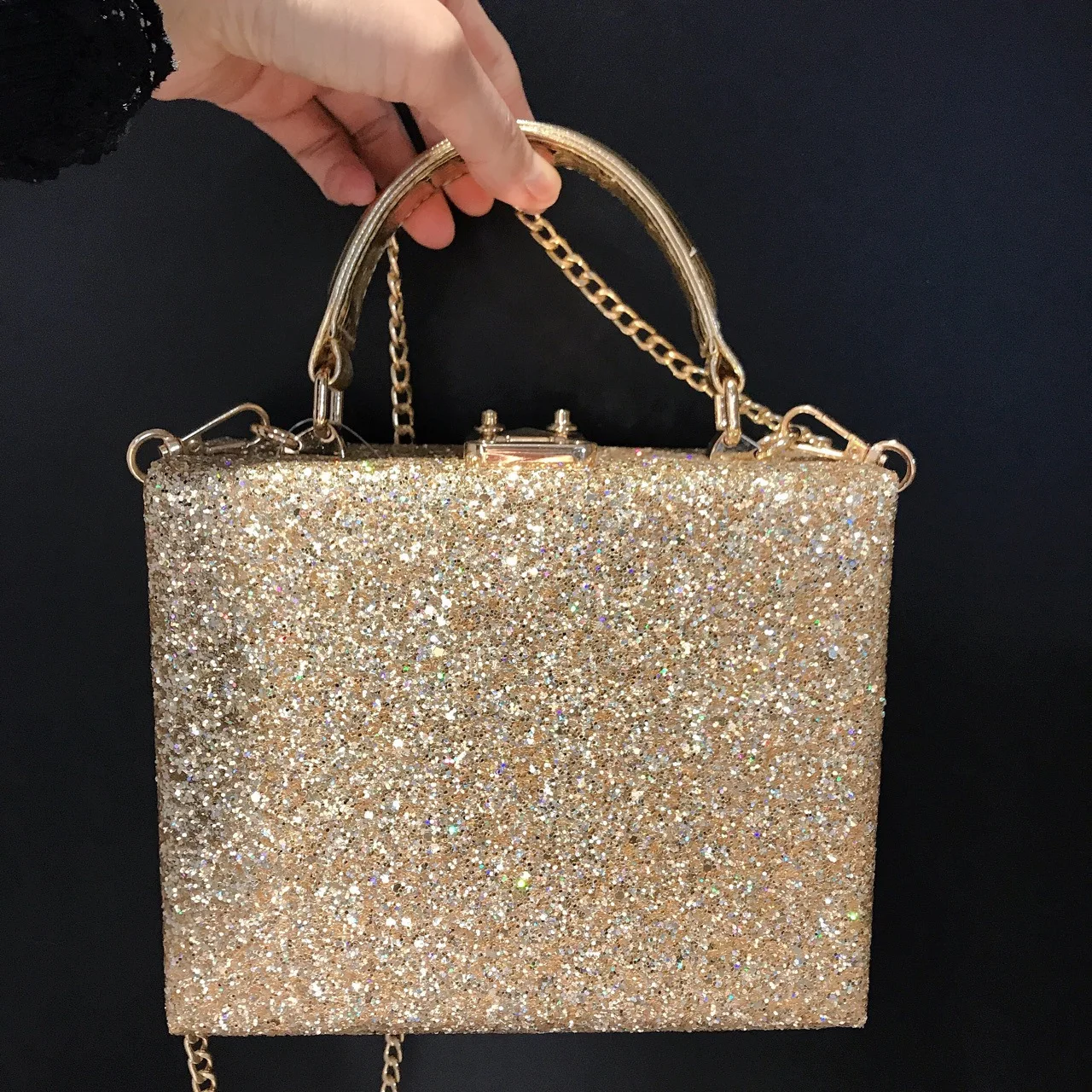 

Sparkling Gold Women Top-Handle Handbags Long Chain Square Shape Formal Evening Clutch Bag Luxury Lady Girls Shoulder Purses