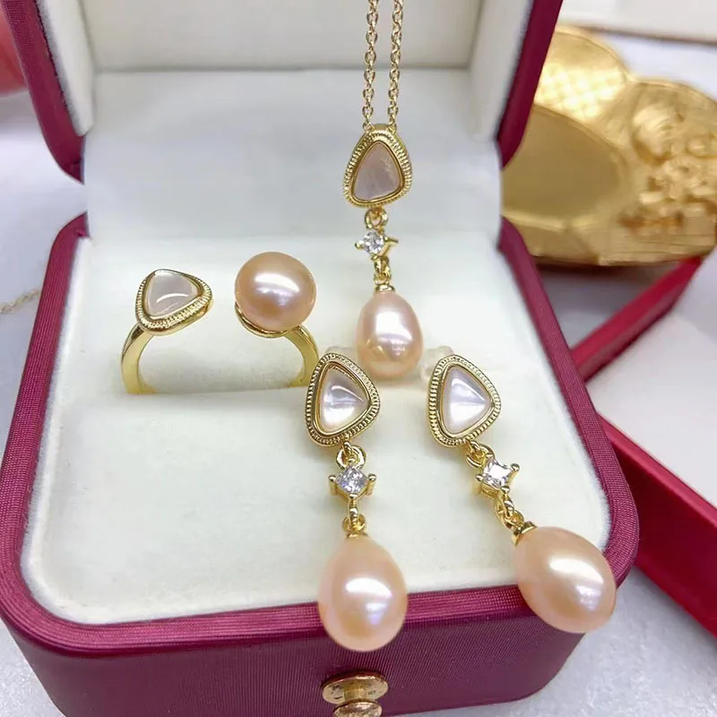

New Freshwater Pearl Earrings Pendant Ring Set for Women Fashion Versatile Jewelry Mother-of-Pearl Style Three-Piece Set