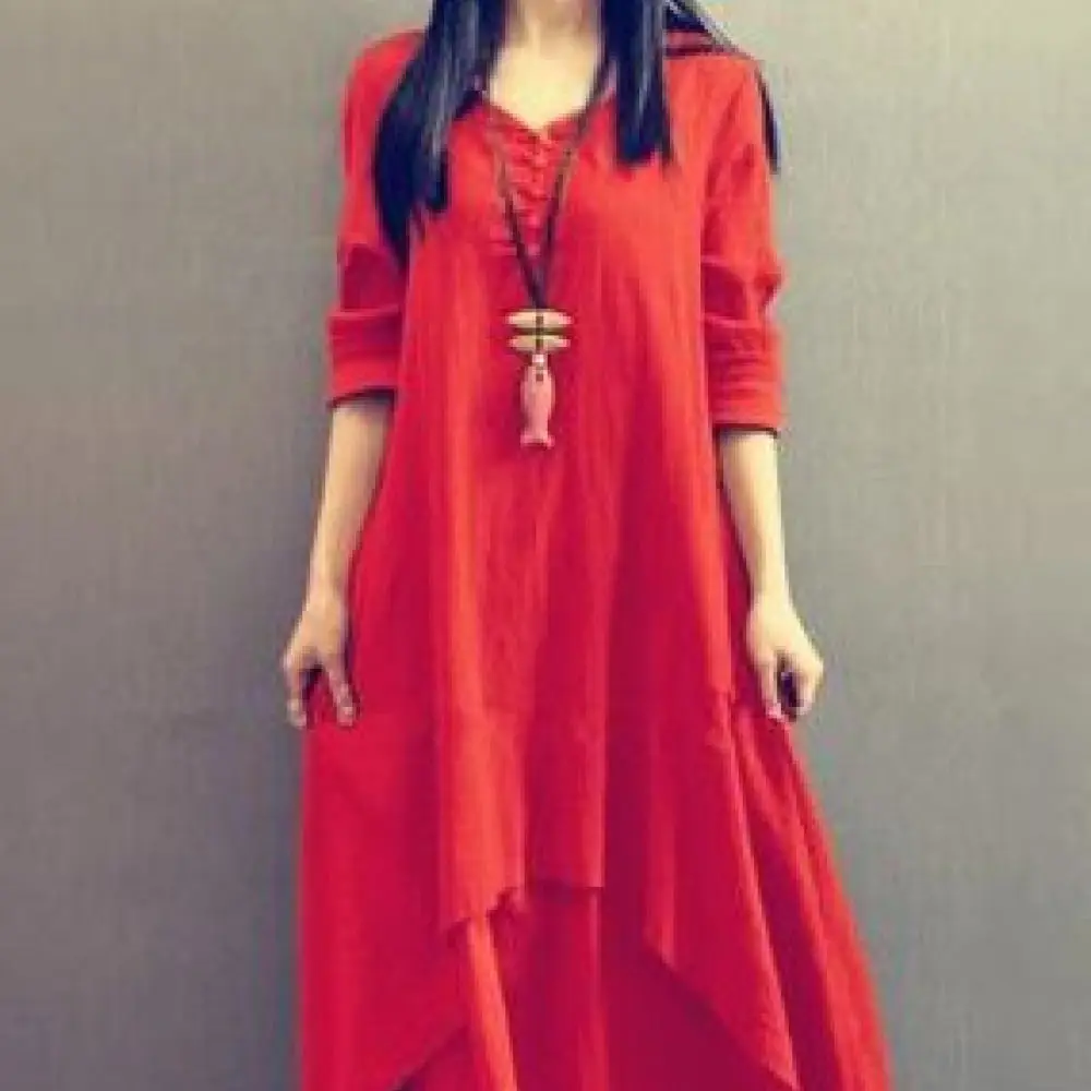 Womens Vintage Cotton Linen Long Dress Fake Two Piece Design Elegant V Neck Loose Casual Maxi Gowns Breathable Spring Outfit