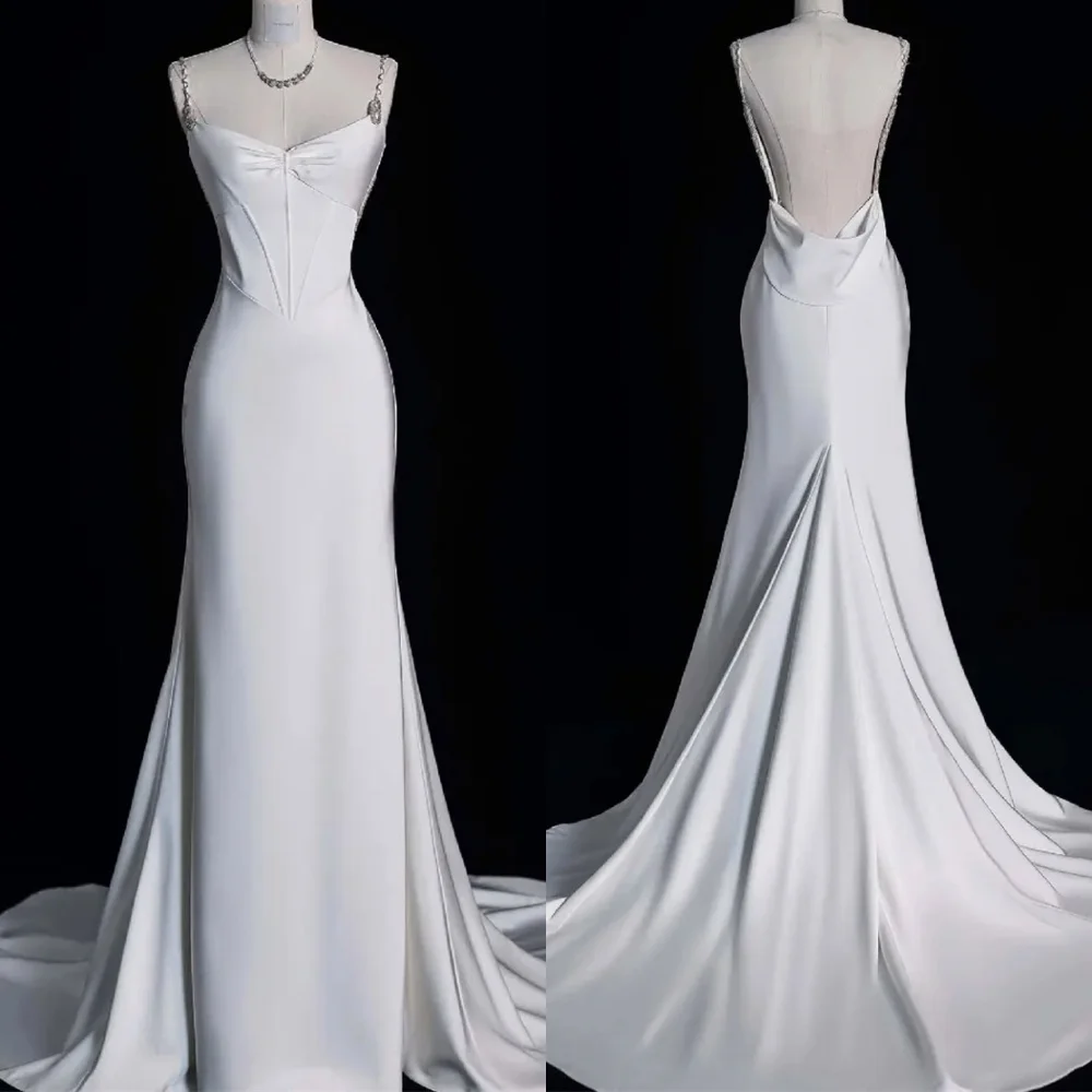 

Customized Classic White Satin Evening Dress Elegant Square Collar Spaghetti Straps Sleeveless Open Back Special Occasion Gowns